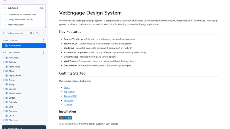 VetEngage design system in Storybook