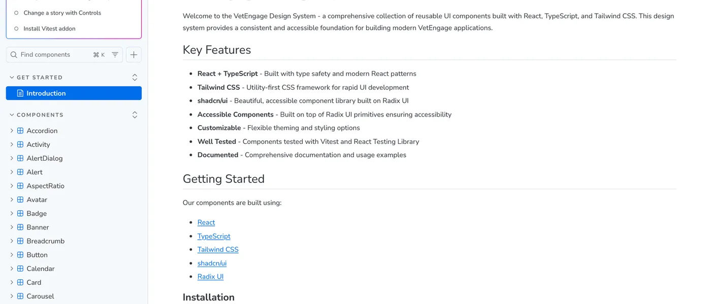 VetEngage design system in Storybook