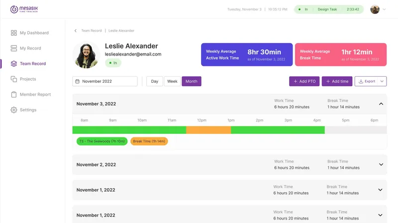 Mesasix Time Tracker dashboard